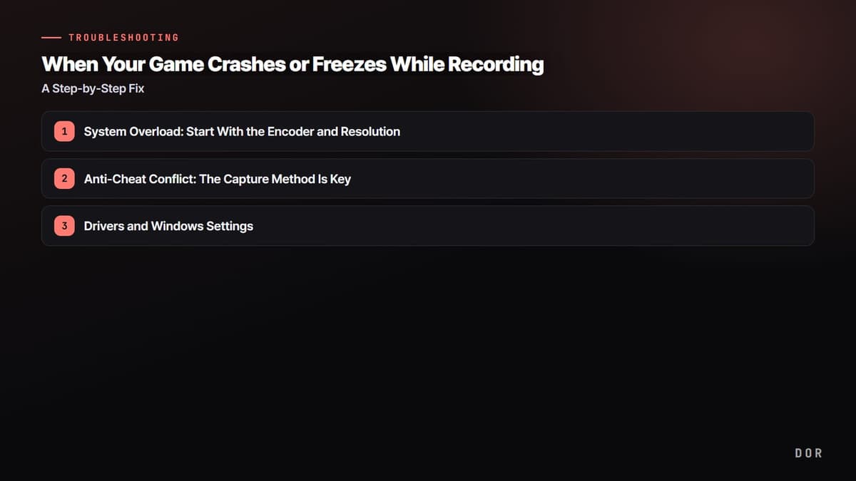 When Your Game Crashes or Freezes While Recording — step-by-step overview graphic