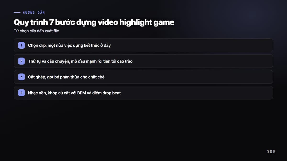 Quy trình 7 bước dựng video highlight game — sơ đồ tóm tắt các bước