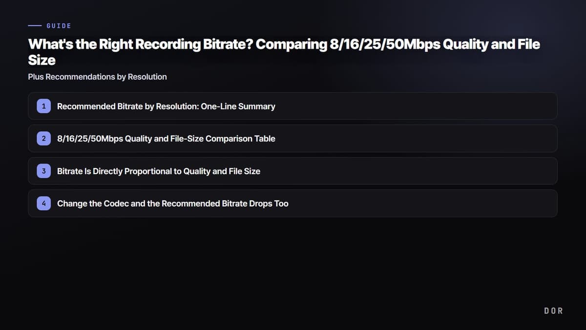 What's the Right Recording Bitrate? Comparing 8/16/25/50Mbps Quality and File Size — step-by-step overview graphic