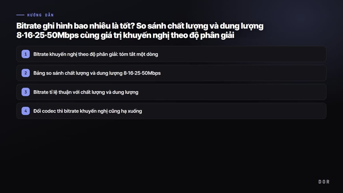 Bitrate ghi hình bao nhiêu là tốt? So sánh chất lượng và dung lượng 8·16·25·50Mbps cùng giá trị khuyến nghị theo độ phân giải (2026) — sơ đồ tóm tắt các bước