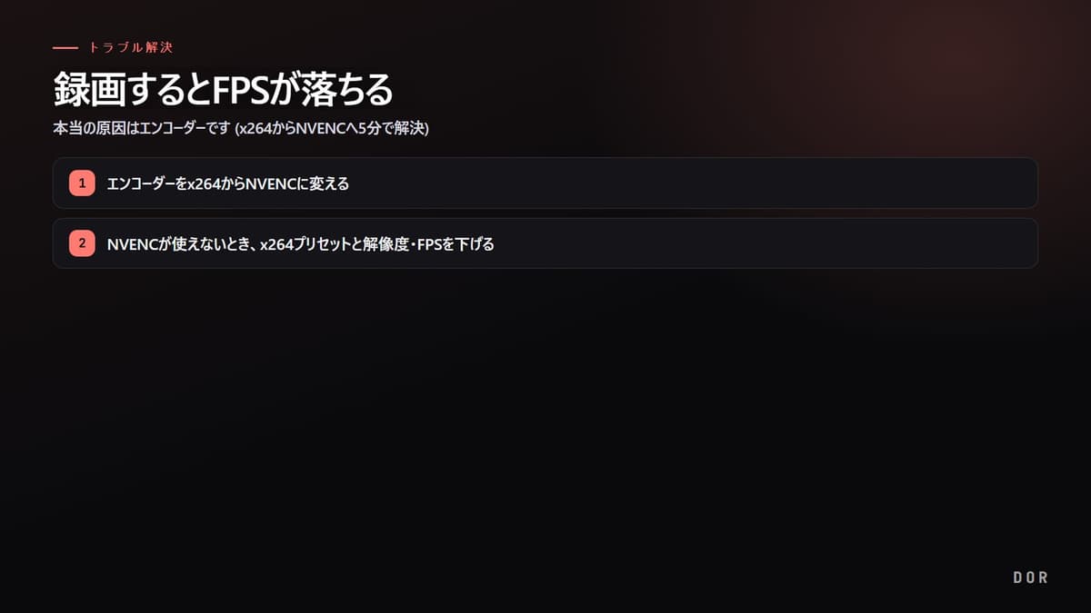 録画するとFPSが落ちる の手順まとめ図