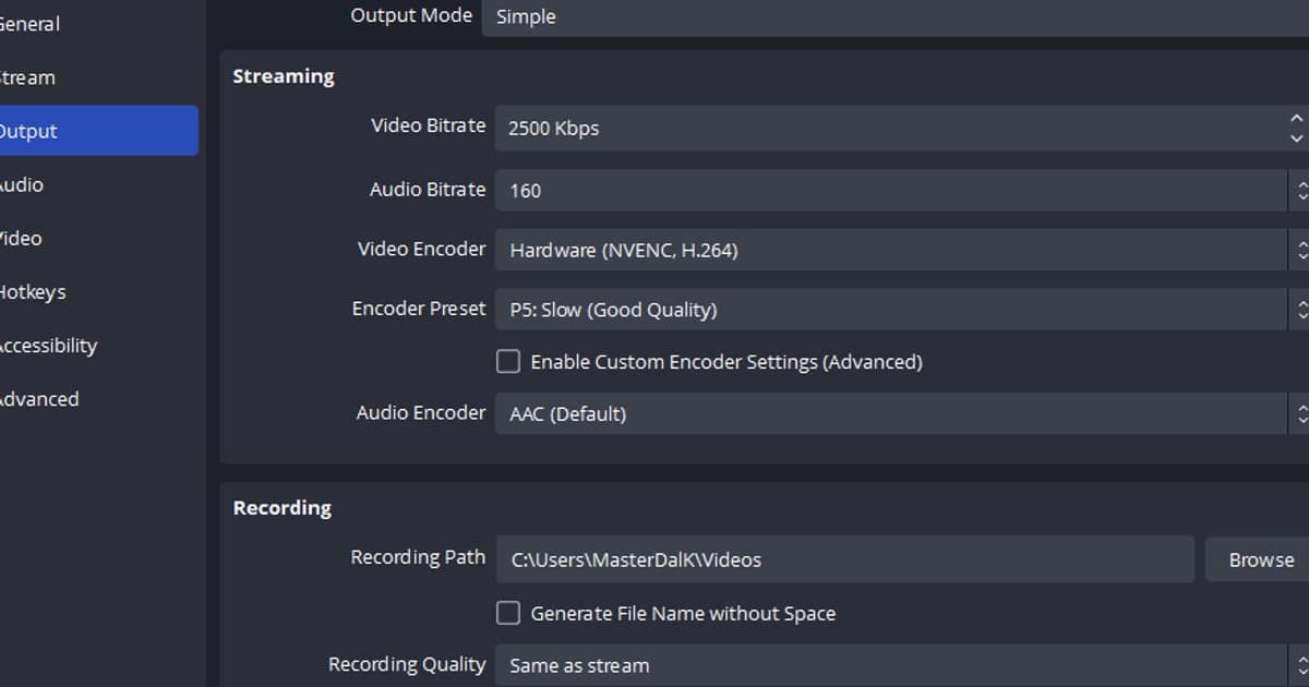 A close-up of OBS Studio's Output settings tab in Simple mode — the 2500 Kbps video bitrate, encoder, recording path and recording quality fields
