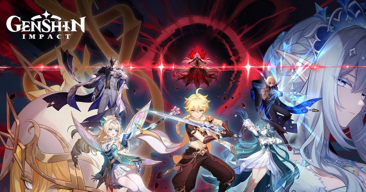 Arte oficial de Genshin Impact con el Viajero empuñando una espada entre otros personajes