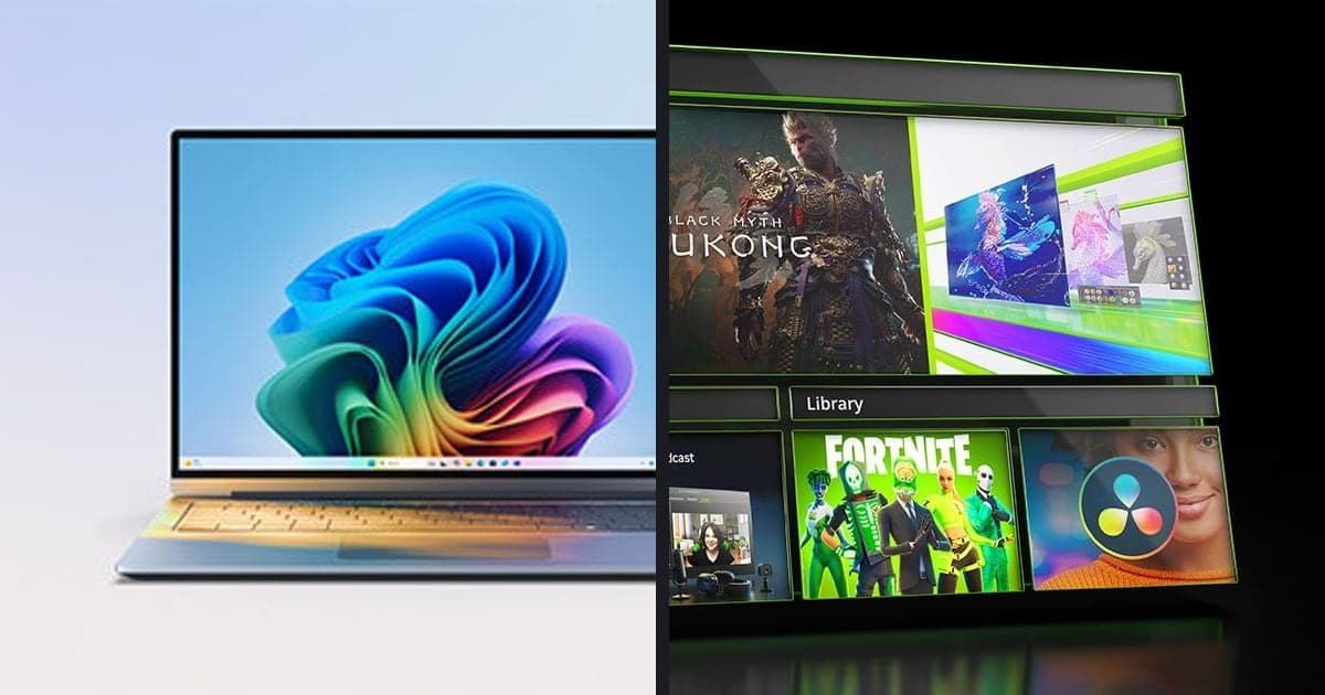 Gambar berdampingan: gambar promosi resmi Windows 11 (laptop dengan wallpaper Windows 11) dan gambar resmi NVIDIA app (layar driver dan library)
