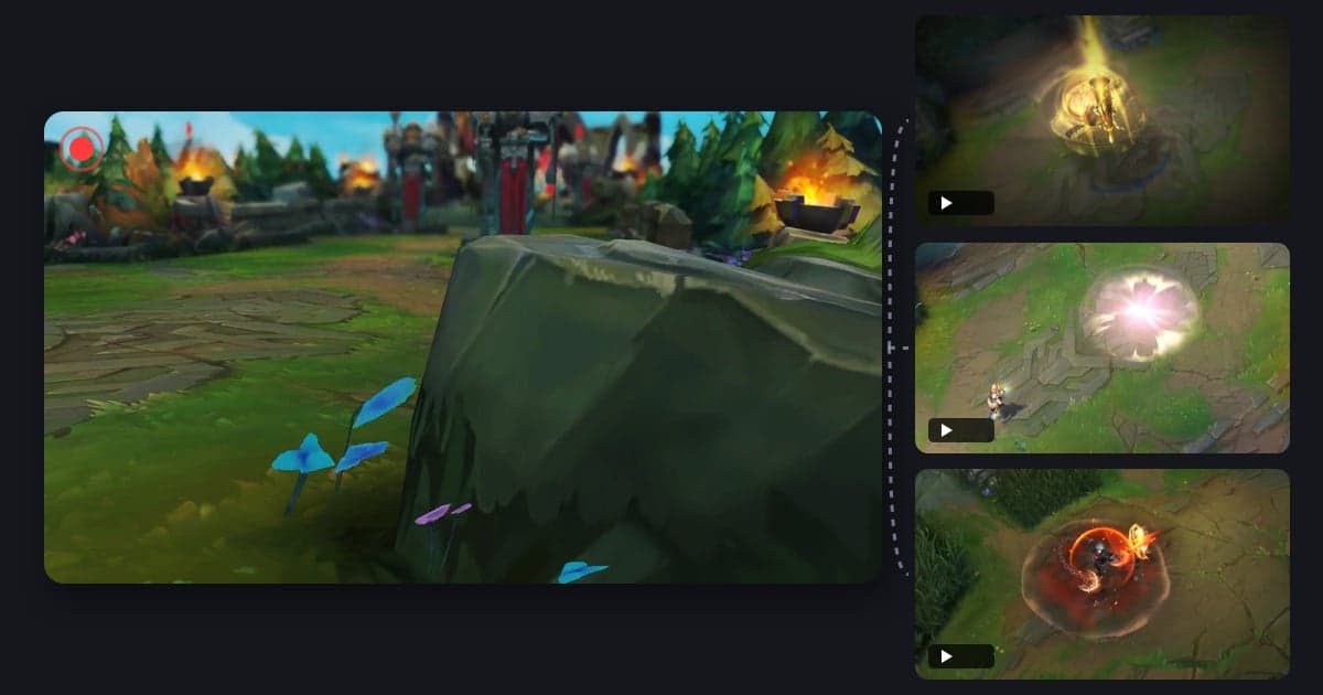 Una pantalla grande de League of Legends con un punto rojo de en vivo, unida con líneas punteadas a tres miniaturas de clips cortos