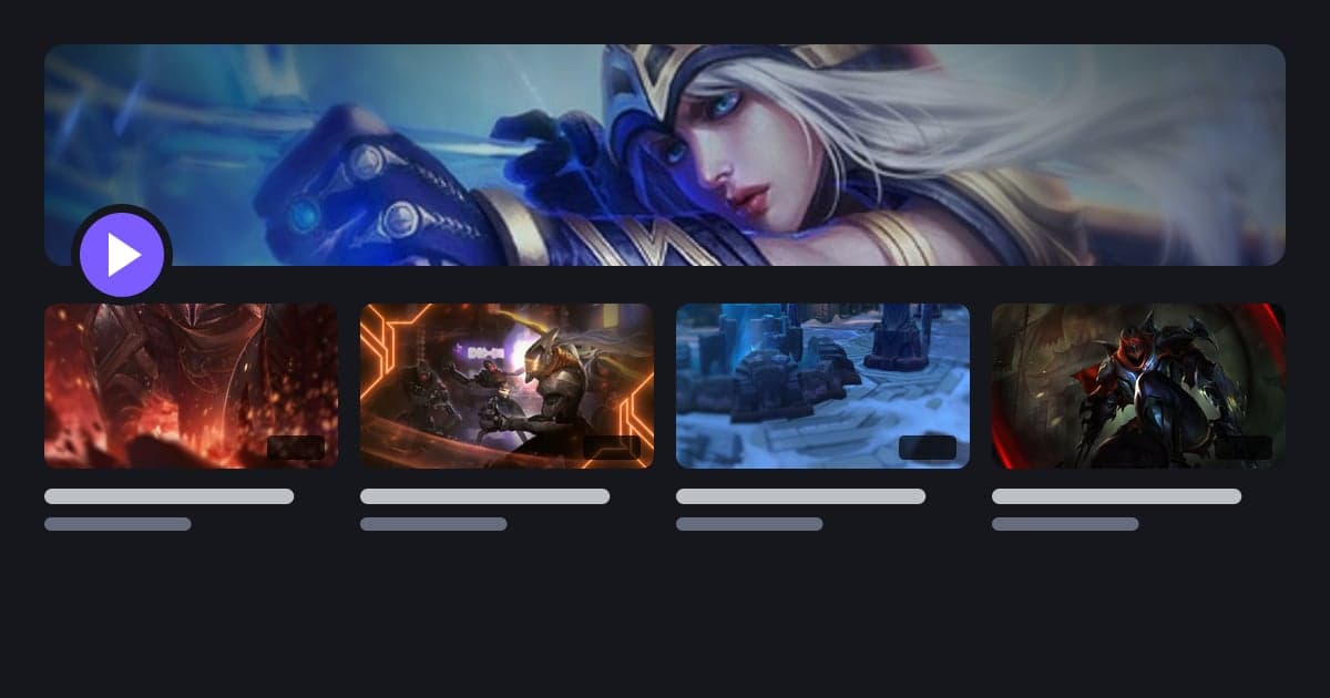 An image laid out like a gaming channel page — a wide banner with a play-button avatar on top and four League of Legends scene thumbnails with title placeholders below