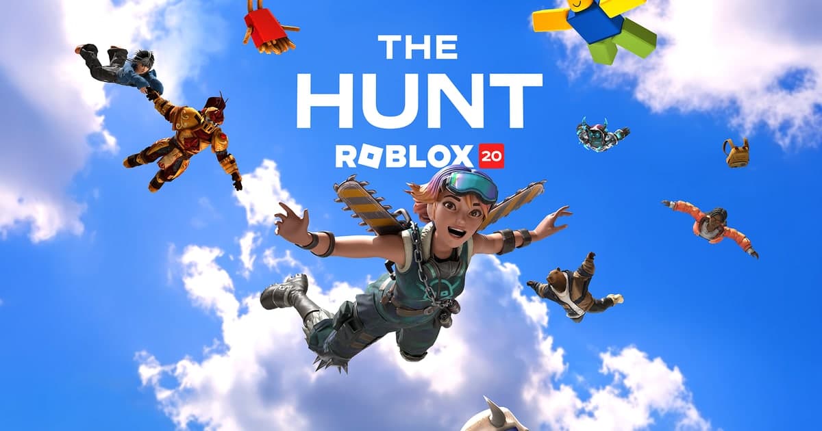 Key Art zum Roblox-Event zum 20. Jubiläum The Hunt mit Avataren im Fallschirmsprung (offizieller Roblox-Newsroom)