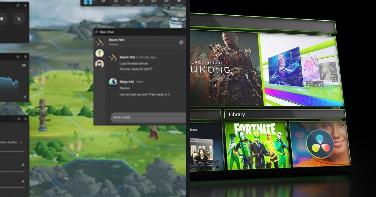 Xbox Game Bar 실제 화면(성능·오디오 위젯)과 NVIDIA app 공식 이미지(드라이버·라이브러리 화면)를 나란히 놓은 이미지