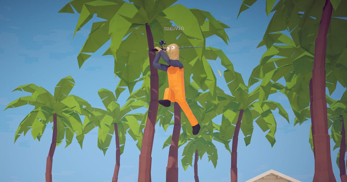 Offizieller Steam-Screenshot zu How to Fish: Ein Spieler in orangefarbener Latzhose hängt auf halber Höhe an einem Palmenstamm und hält noch immer eine Angel