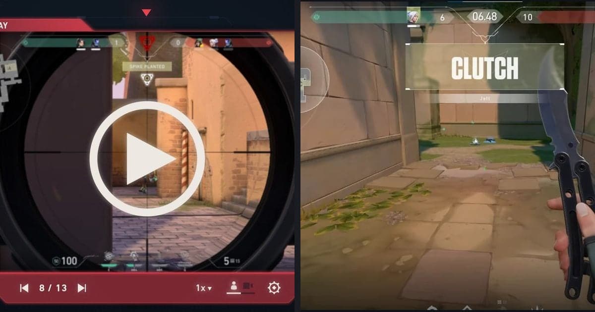 Gegenüberstellung des Replay-Bildschirms von VALORANT (offizielle Client-Oberfläche) und des Aufnahmebildschirms von DOR (ein Clutch-Moment in VALORANT)