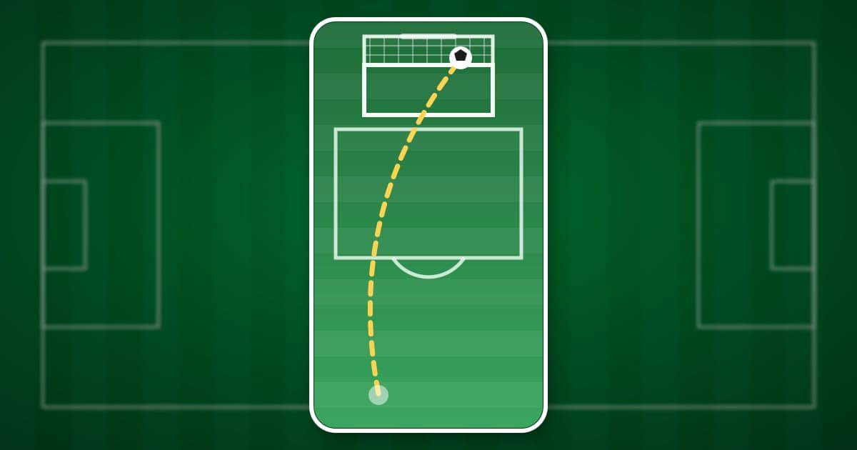 An illustration of a horizontal football pitch with a vertical (9:16) phone-shaped frame in the middle showing the goal and a dotted yellow ball path