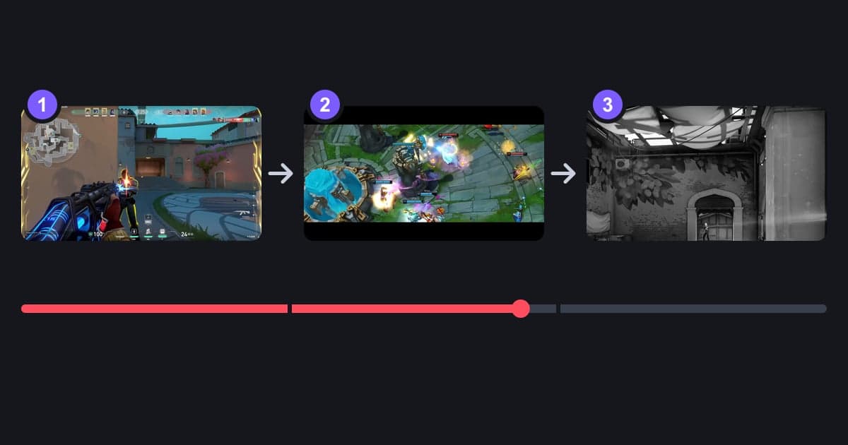 Tiga adegan game bernomor 1, 2, dan 3 (dua dari VALORANT, satu dari League of Legends) yang dihubungkan panah, di atas progress bar yang dibagi menjadi beberapa chapter