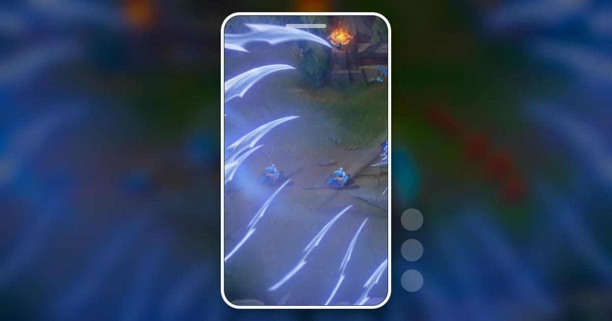 Un marco vertical (9:16) con forma de celular recortado de una escena de League of Legends, sobre una copia desenfocada de la misma escena