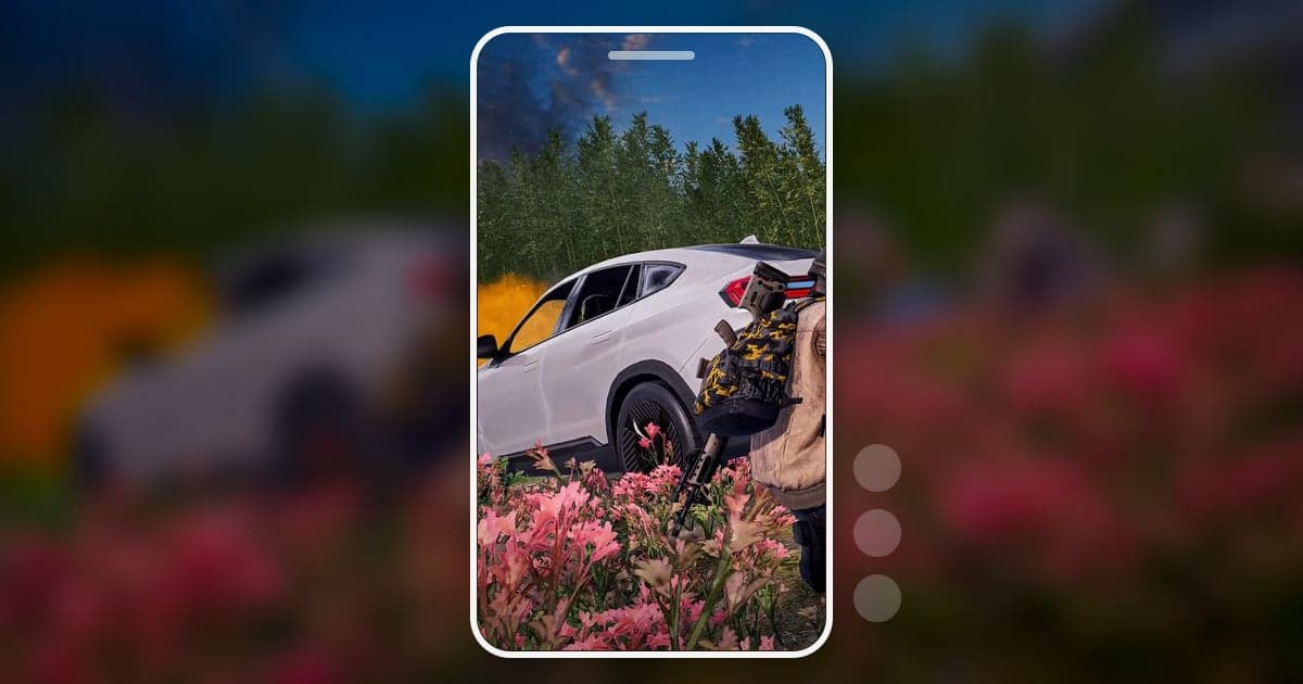 Ein vertikaler 9:16-Rahmen im Handyformat, ausgeschnitten aus einem Kampf in PUBG: BATTLEGROUNDS neben einem weißen Auto und einem Blumenbeet, über einer unscharfen Kopie der Szene