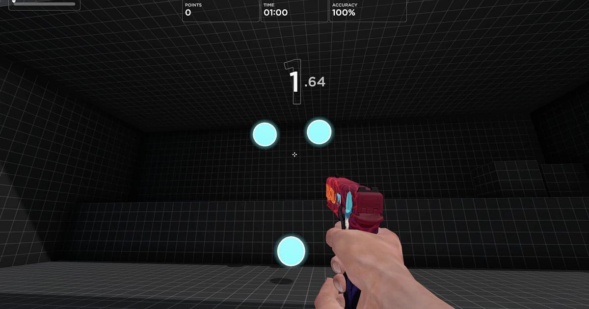 Aimlabs scenario in a black grid room with three glowing light blue targets, a pistol in hand, and points, time and 100% accuracy shown at the top