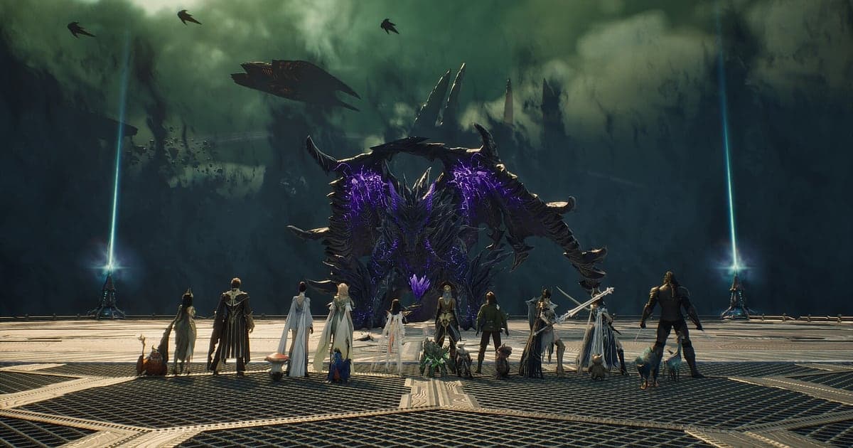Grupo de unos diez jugadores de AION 2 frente a un jefe gigante cubierto de cristales morados, con haces de luz que suben a ambos lados
