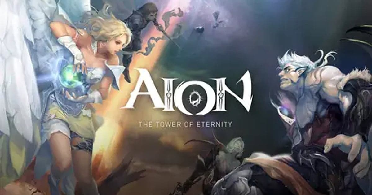 Offizielles AION-Artwork mit dem AION-Logo zwischen einer Elyos-Frau mit leuchtender Kugel und einem silberhaarigen Asmodier-Krieger