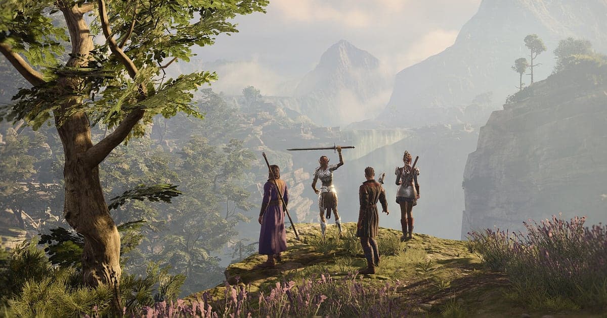 Vier Gefährten stehen in Baldur's Gate 3 gemeinsam an einer grasbewachsenen Klippe und blicken über ein nebliges Tal und ferne Berge