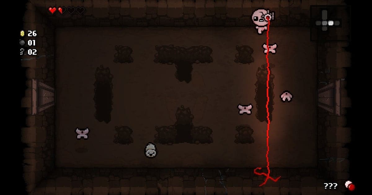 Isaac menembakkan laser merah panjang di ruangan Basement di The Binding of Isaac: Rebirth, dengan jumlah heart, koin, bomb, dan key di kiri atas