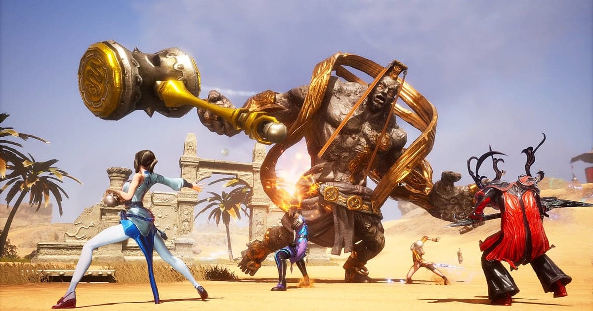 Pertempuran party Blade & Soul di depan reruntuhan gurun saat beberapa petarung melepaskan skill bersamaan ke boss yang memegang palu emas raksasa