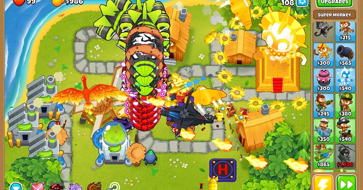 Ein riesiges Luftschiff rollt auf einer Dschungel-Map über eine Steinstrecke, während Affentürme es mit Feuer beschießen, in Bloons TD 6, rechts das Turm-Menü