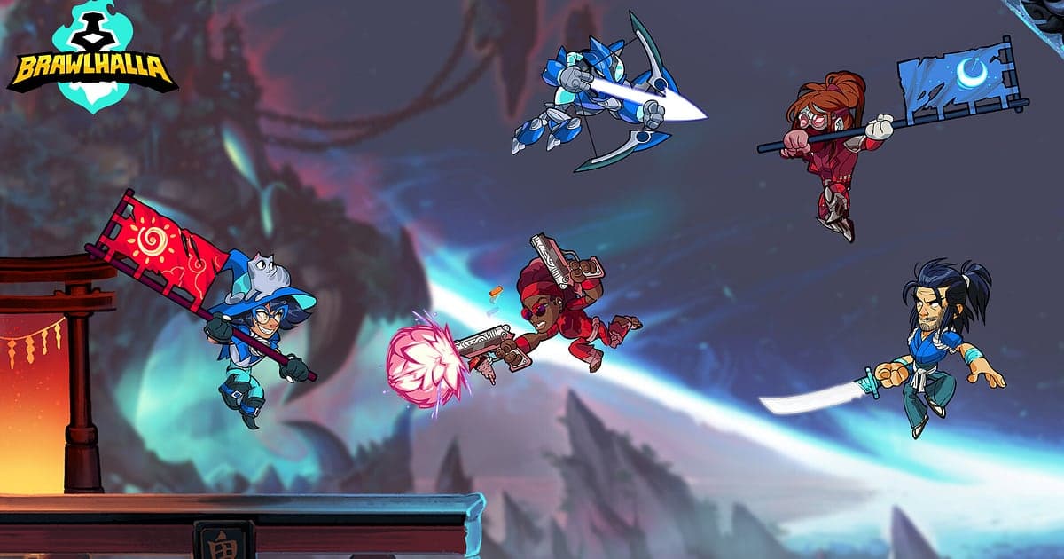 Partida de Brawlhalla em que quatro Lendas armadas com estandarte, arco, pistolas e katana se enfrentam no ar acima de um cenário com um portal vermelho de santuário