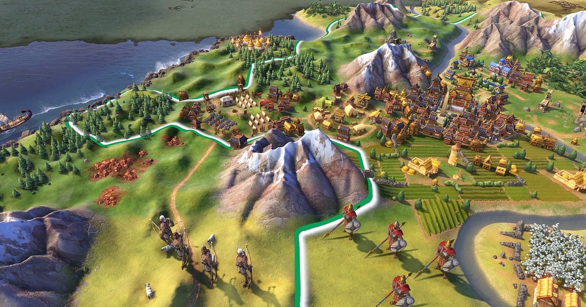 Eine Hex-Karte in Civilization VI mit Städten und Ackerland zwischen Bergen und einem Fluss, mit Grenzlinien und marschierenden Einheiten