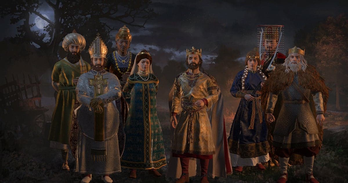 Artwork aus Crusader Kings III mit mittelalterlichen Figuren nebeneinander in einem dunklen, mondbeschienenen Wald, darunter ein gekrönter Herrscher, ein Bischof mit Mitra, ein Adliger mit Turban und ein alter Krieger in Fellen