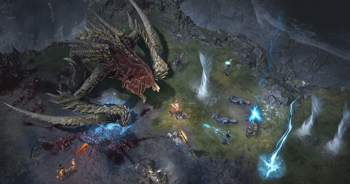 Ein Kampf in Diablo IV, in dem mehrere Helden gegen ein riesiges, mit Knochenstacheln bedecktes Monster antreten, während blaue Blitze über das Schlachtfeld zucken