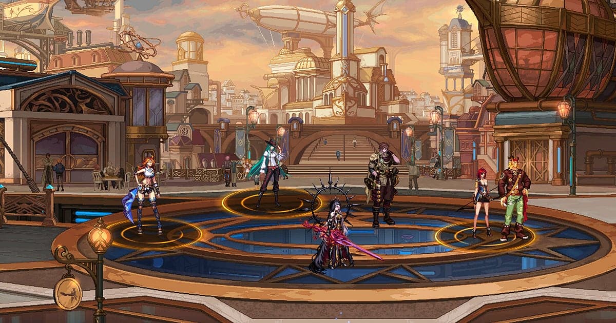 Karakter Dungeon Fighter Online dari berbagai class berkumpul di panggung bundar di alun-alun kota steampunk penuh roda gigi dan kapal udara