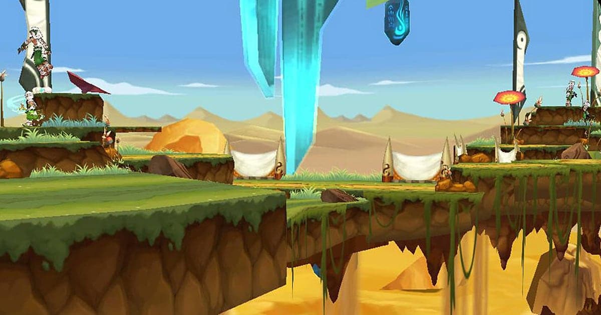 Grasbewachsene Felsplattformen schweben über einer goldenen Wüste, während blaue Kristallsäulen vom Himmel hängen, auf einem Feld in Elsword