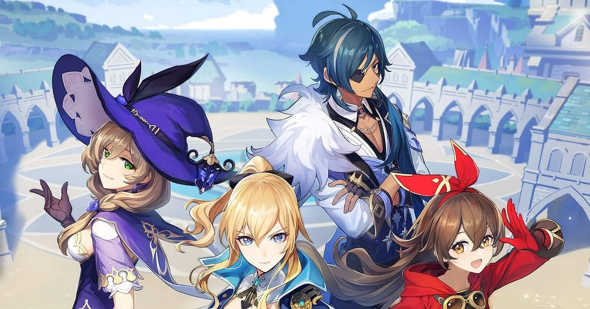 Arte oficial de Genshin Impact con una maga con sombrero de bruja, una caballera rubia, un caballero con parche en el ojo y una arquera con listón rojo juntos sobre una plaza de Mondstadt