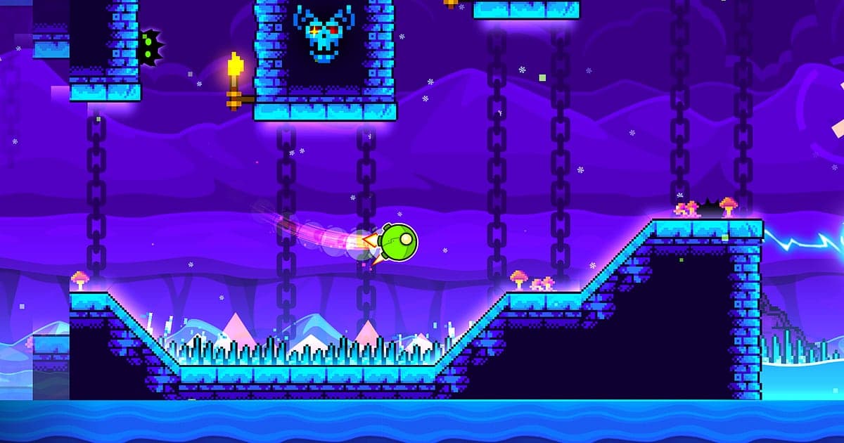 Um ícone verde do Geometry Dash voando por uma rampa cheia de espinhos numa fase azul em estilo de castelo de gelo
