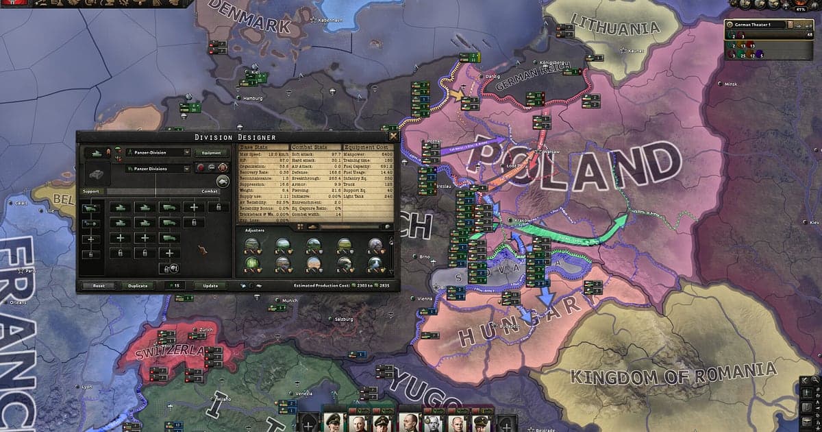 Hearts of Iron IV screen showing a map of Europe with country names such as Poland, Hungary and Romania and their borders, with the division designer window open on the left
