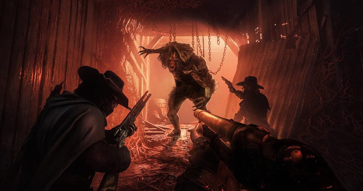 Jäger mit Cowboyhüten zielen mit ihren Waffen, während ein Monster in einer rot beleuchteten Scheune durch herabhängende Ketten springt, in Hunt: Showdown 1896