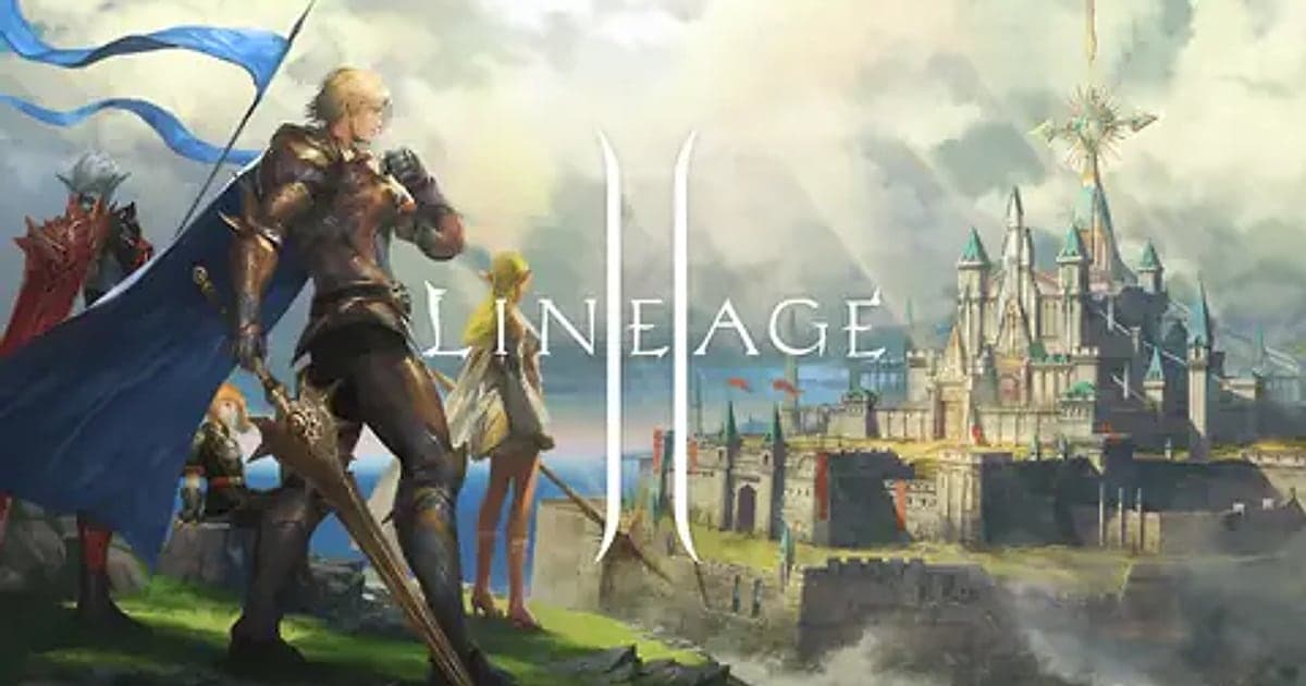 Offizielles Artwork zu Lineage II: Ein Ritter mit blauem Umhang und Speer und ein Elfenmädchen blicken von einem Hügel über das Meer auf eine Burg, in der Mitte das Logo von Lineage II