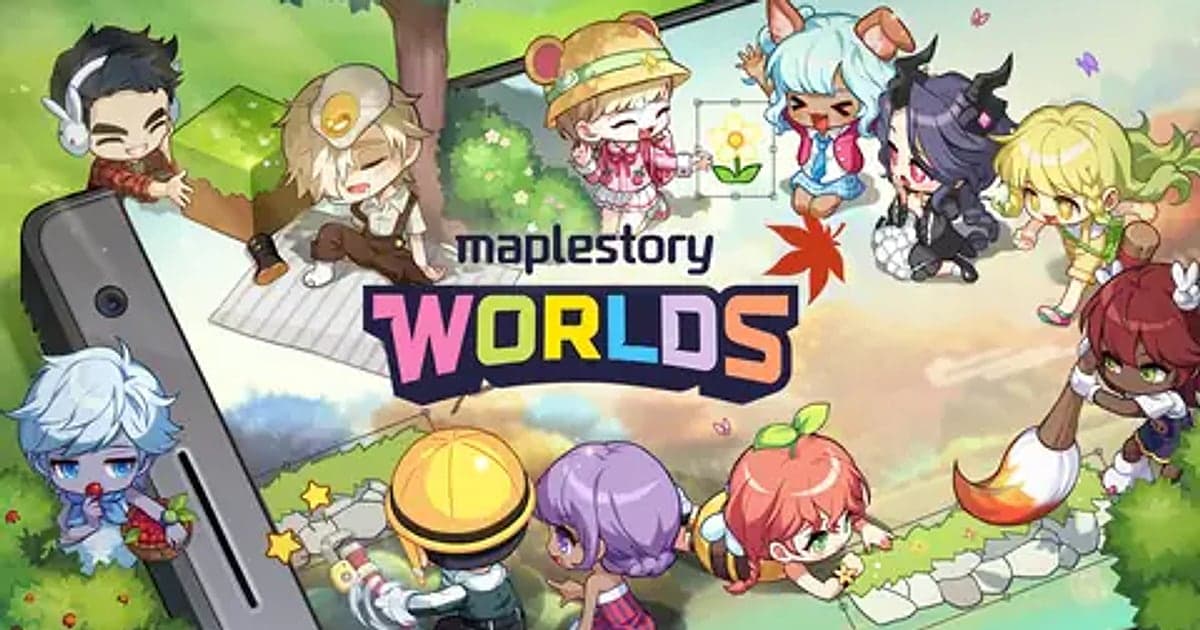 Offizielles Artwork zu MapleStory Worlds mit niedlichen Chibi-Figuren rund um einen Smartphone-Bildschirm und dem Spiellogo in der Mitte