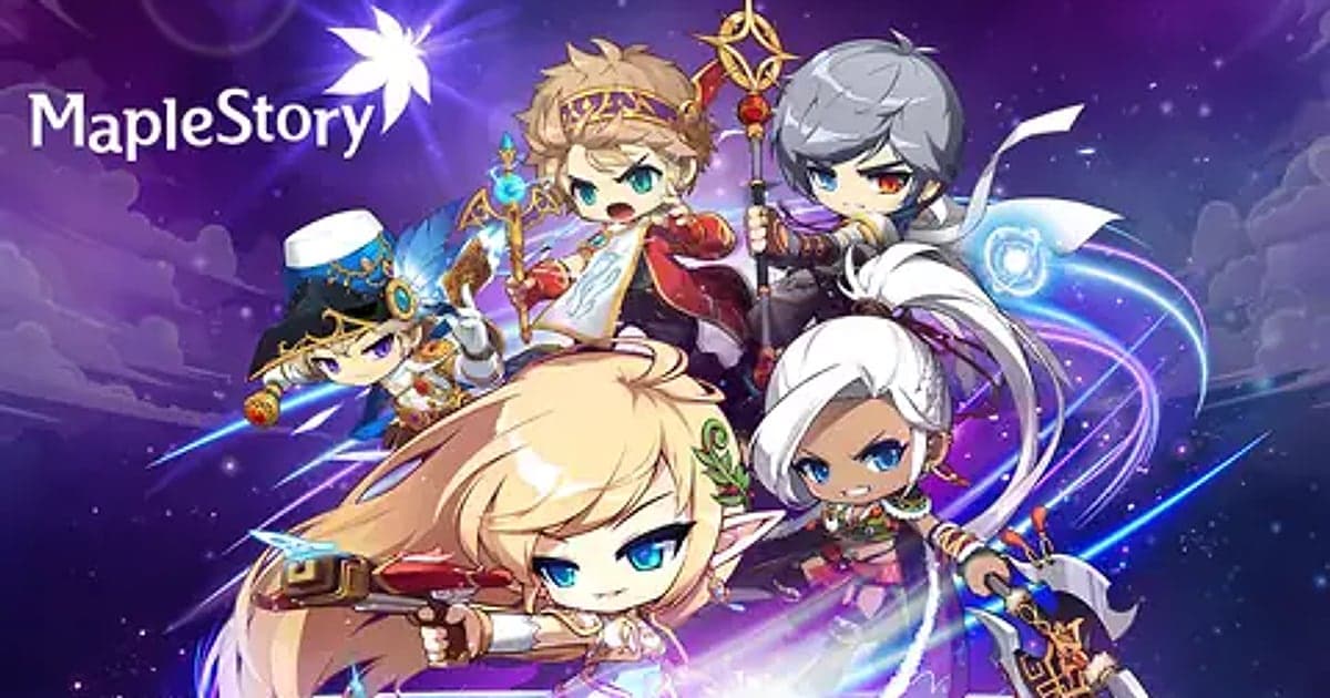 Arte oficial de MapleStory con cinco héroes chibi que sostienen bastones, arcos y espadas contra un cielo morado y estrellado, con el logo de MapleStory a la izquierda