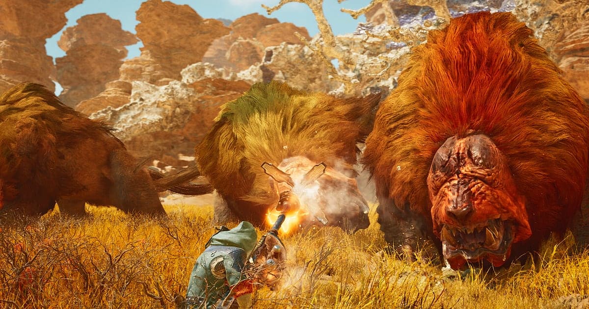 Jagd in Monster Hunter Wilds auf goldenem Grasland, ein Jäger steht einer Gruppe riesiger affenartiger Monster mit roter Mähne gegenüber und landet einen Angriff