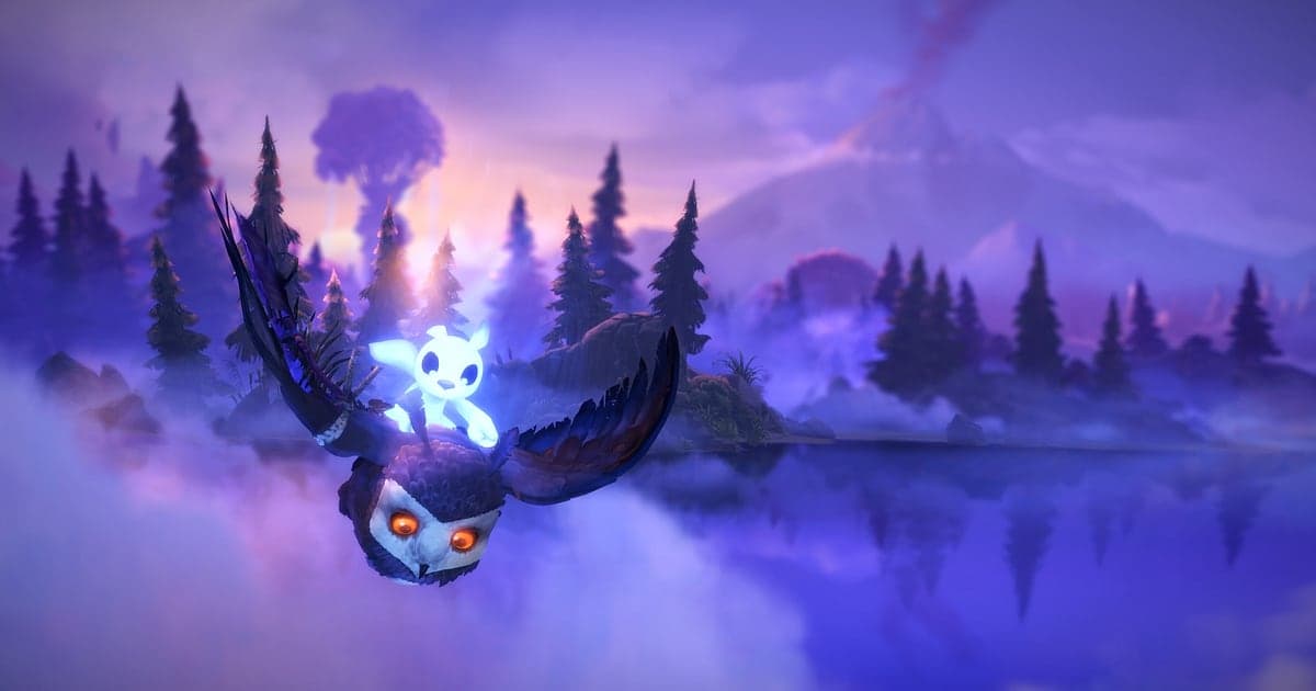 Ori and the Will of the Wisps scene with Ori riding on the back of the owl Ku over a misty purple lake and a pine forest