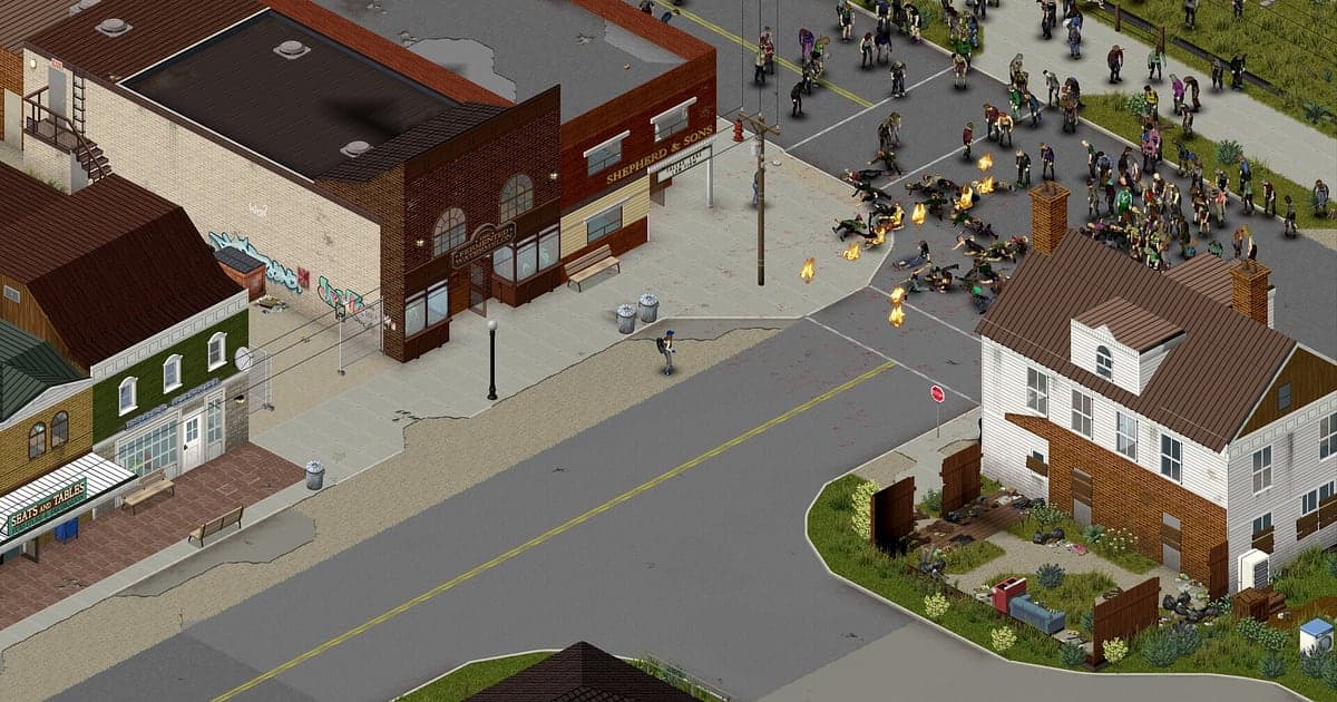 Kreuzung einer Kleinstadt in Project Zomboid, an der sich eine Zombiehorde sammelt, von oben gesehen neben Backsteinläden, einem weißen zweistöckigen Haus und einem Garten