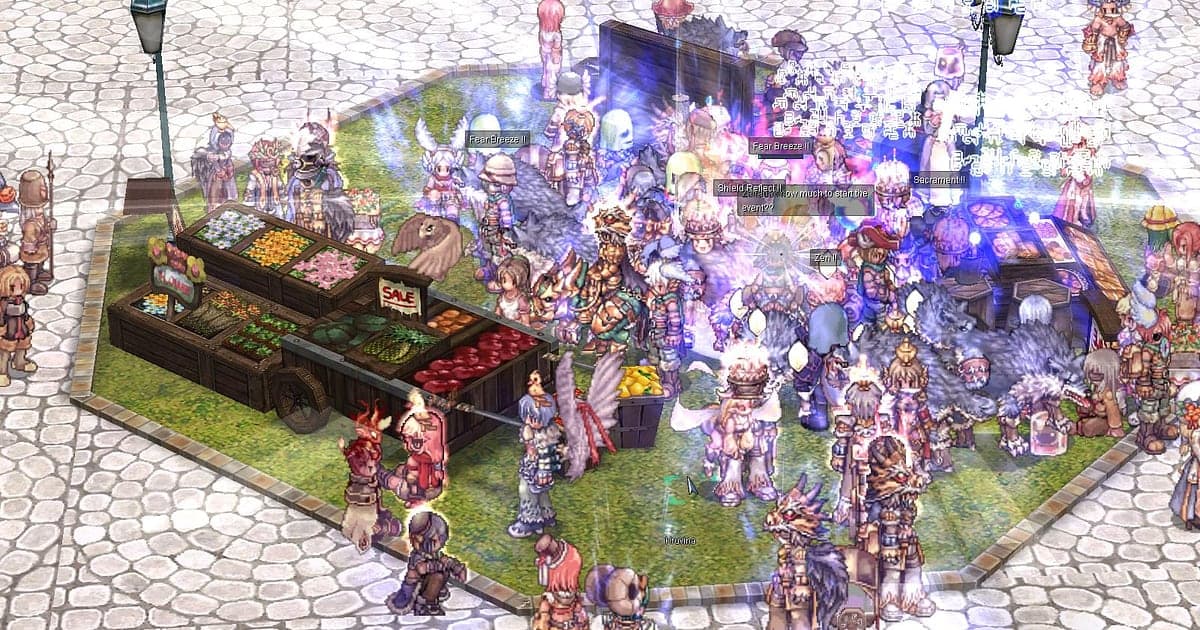Ein Stadtplatz in Ragnarok Online voller Abenteurer-Charaktere rund um einen Obststand auf Kopfsteinpflaster