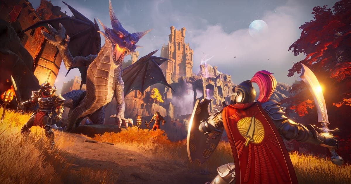 Szene aus RuneScape: Dragonwilds mit einem violetten Drachen, der vor goldenen Feldern und einer Burgruine brüllt, während sich ihm ein Ritter mit rotem Umhang und Schild und seine Gefährten entgegenstellen