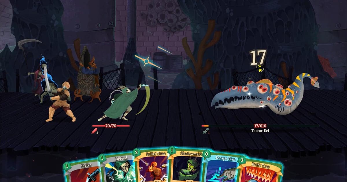 Trận đấu trong Slay the Spire 2 trên cây cầu gỗ, nhân vật khoác áo choàng xanh cùng đồng đội đối đầu con lươn khổng lồ chỉ còn 17 máu, sáu lá bài xòe ra ở cuối màn hình