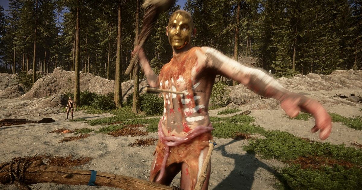 A masked cannibal with painted skin swings a club as he advances across a sandy forest clearing in Sons Of The Forest