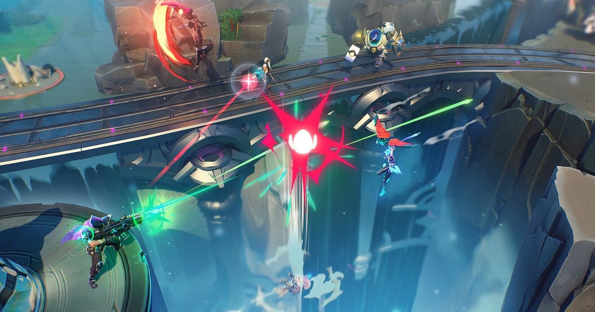 Hunters trade lasers and abilities across a bridge and rocky islands above a deep chasm while one falls below in Supervive