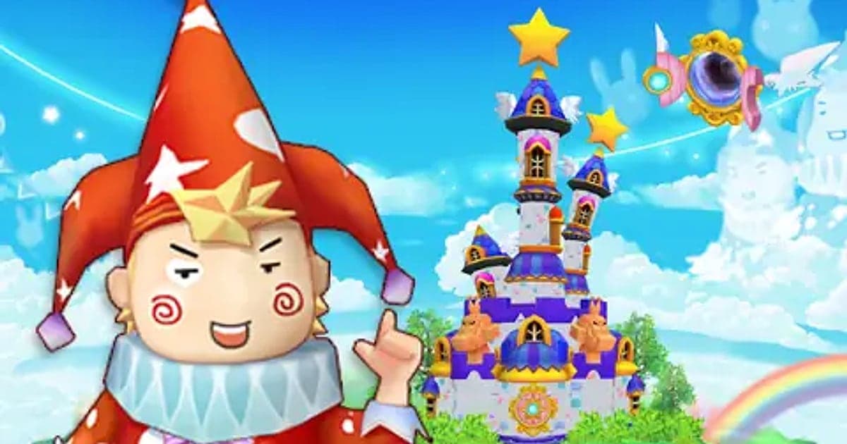 Artwork resmi TalesRunner berisi karakter badut bertopi motif bintang menunjuk ke atas di samping kastel dongeng di bawah langit berbintang dan pelangi
