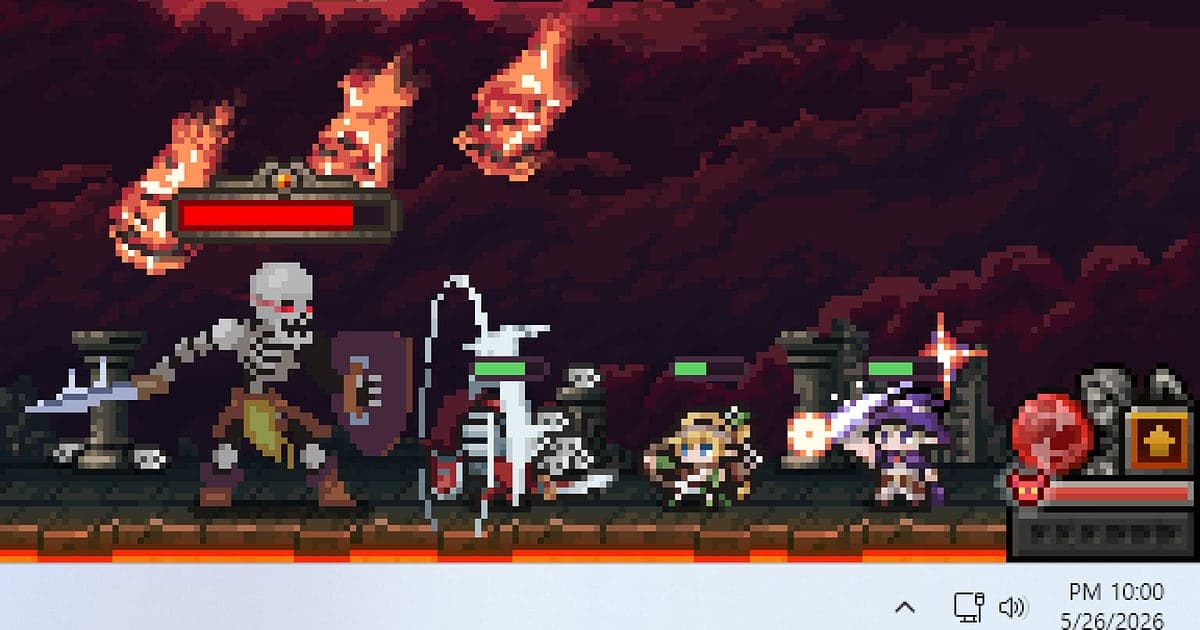 TBH: Task Bar Hero battle on a red strip just above the Windows taskbar, with a skeleton knight facing the hero party as fireballs fall from the sky