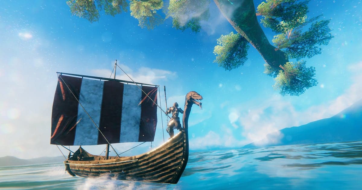 A Valheim longship with a black and white striped sail cutting through bright blue water, a viking standing at the dragon headed prow