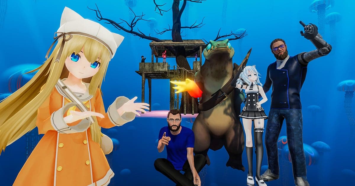 Grupo de avatares do VRChat reunidos num mundo subaquático azul, incluindo uma garota com chapéu de orelhas de gato, um dinossauro e um avatar com braço robótico
